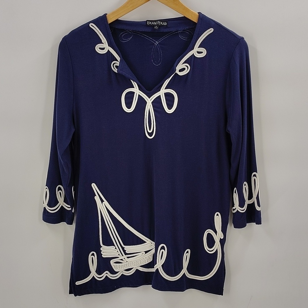 Bua/Bua Navy Blue & White Nautical Sailboat Design Tunic Size Small